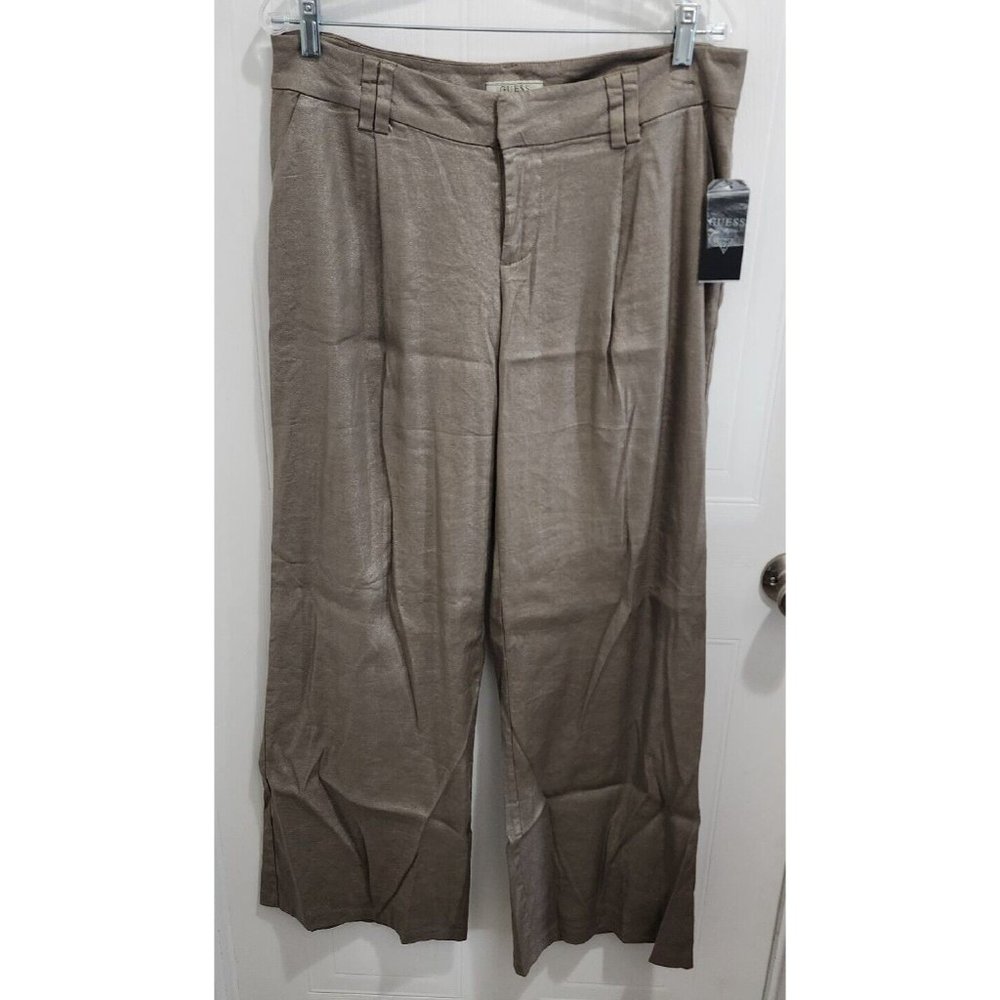 NWT Guess Women's Wide Leg Foil Linen Blend Lounge Pants Metallic Beige Size 30